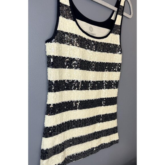 Old Navy Sequin Tank Top Womens M Navy Blue Cream Striped Scoop Neck Layer Party - Picture 2 of 11